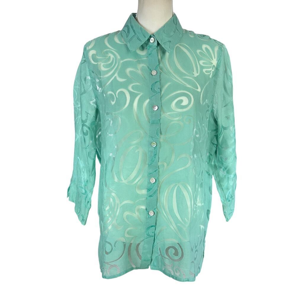 Alfred Dunner Shirt Women Sze 12 Aqua Green Sheer Floral Paisley Button Up Tunic